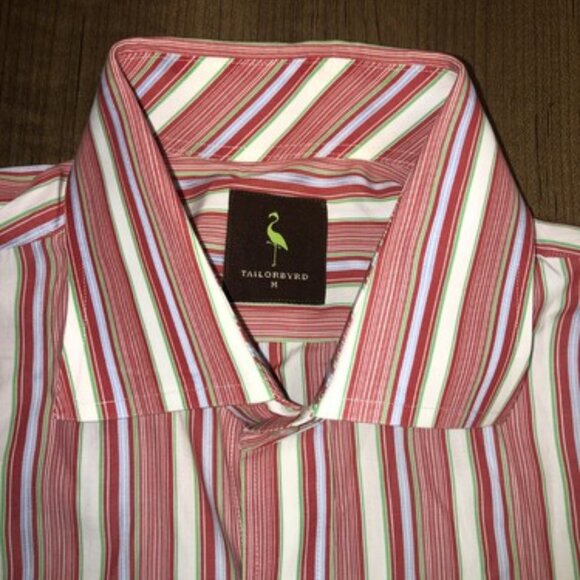 Tailorbyrd Red White Striped Medium Button Up  Dress Shirt Logo Business Style - Picture 3 of 11